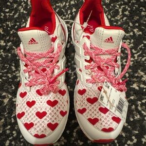 Adidas White and Red Heart Pattern Shoes